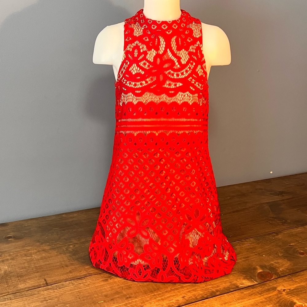 Red Lace Knee-Length Dress